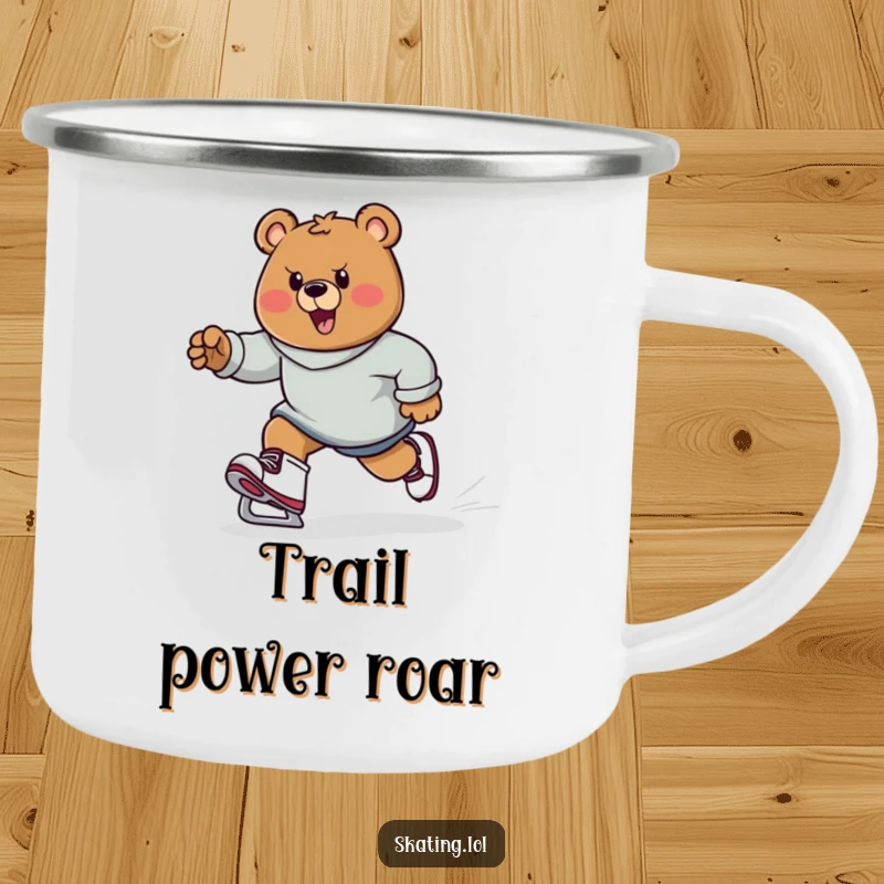 Funny bear character on skates, determined expression, pushing off, outdoor scene, durable funny gift.