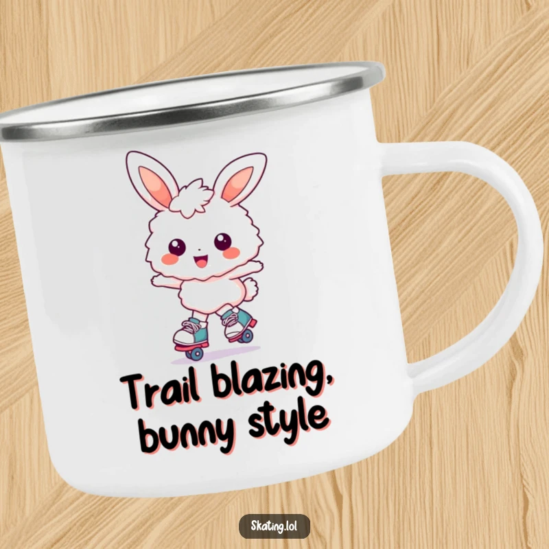 Funny bunny camping mug: a fluffy bunny character joyfully glides on roller skates with a huge smile, for outdoor use.