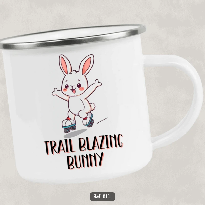 Funny bunny camping mug with a cute character joyfully roller skating, arms outstretched, perfect for outdoor adventures.