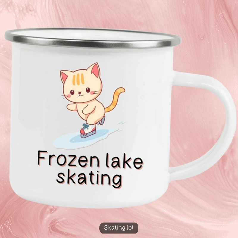Funny camping mug featuring a cute cat character gracefully ice skating on tiny skates, ideal for outdoor enthusiasts who love cats and winter.
