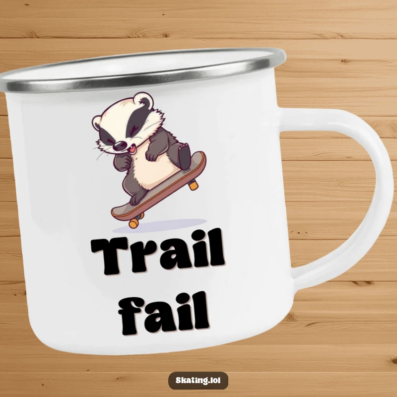 Funny camping mug: A clumsy badger tangled on a skateboard during a flip attempt, legs in a comical knot, ready for adventure.