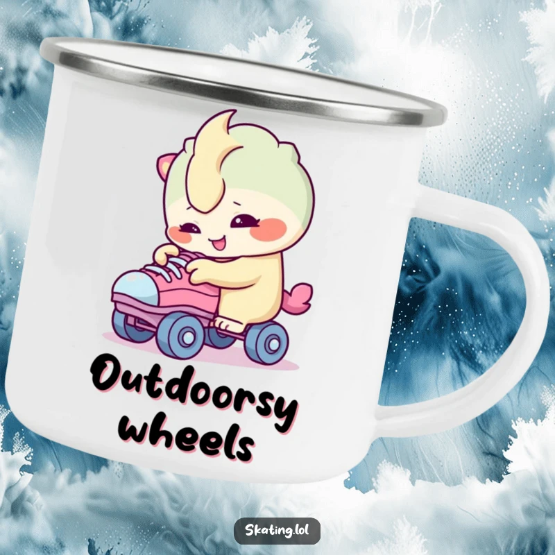 Funny camping mug featuring a creature character smiling while curiously inspecting roller skate wheels, perfect for outdoor drinks.