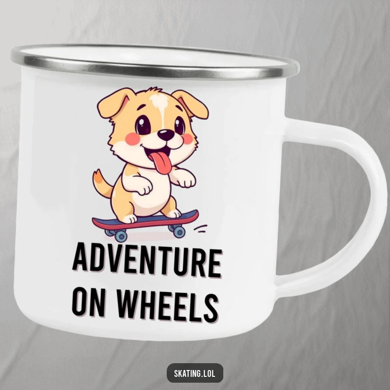 Funny dog camping mug with a playful pup enthusiastically pushing off on a roller skate, perfect for outdoor adventures.
