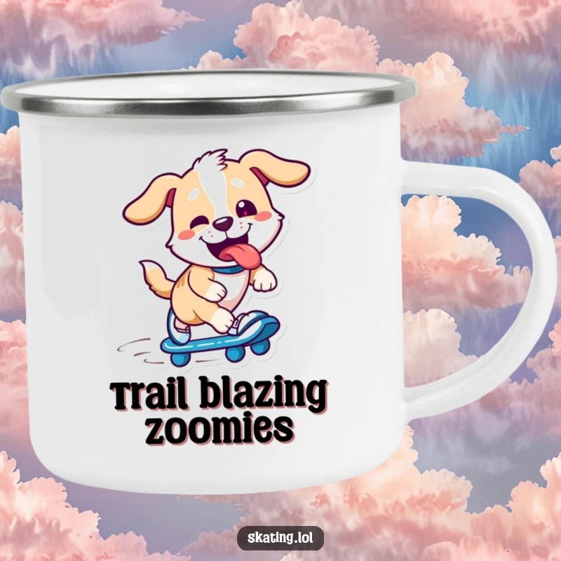 Funny dog character on skates, tongue out, big smile, outdoor scene, durable funny gift for camping trips.