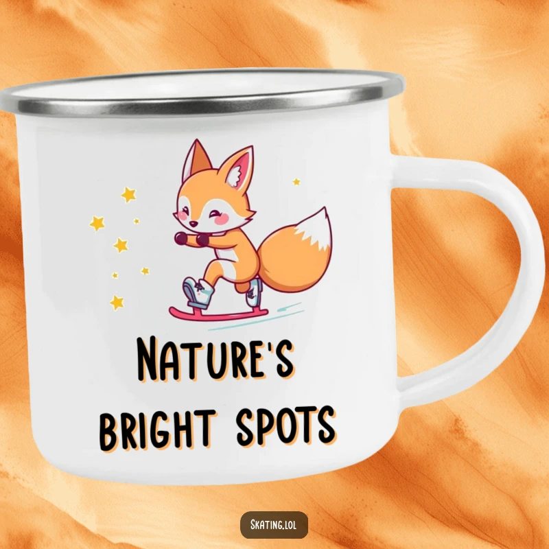 Funny fox camping mug: a cute fox character comically slides on roller skates, leaving a trail of stars, for outdoor use.