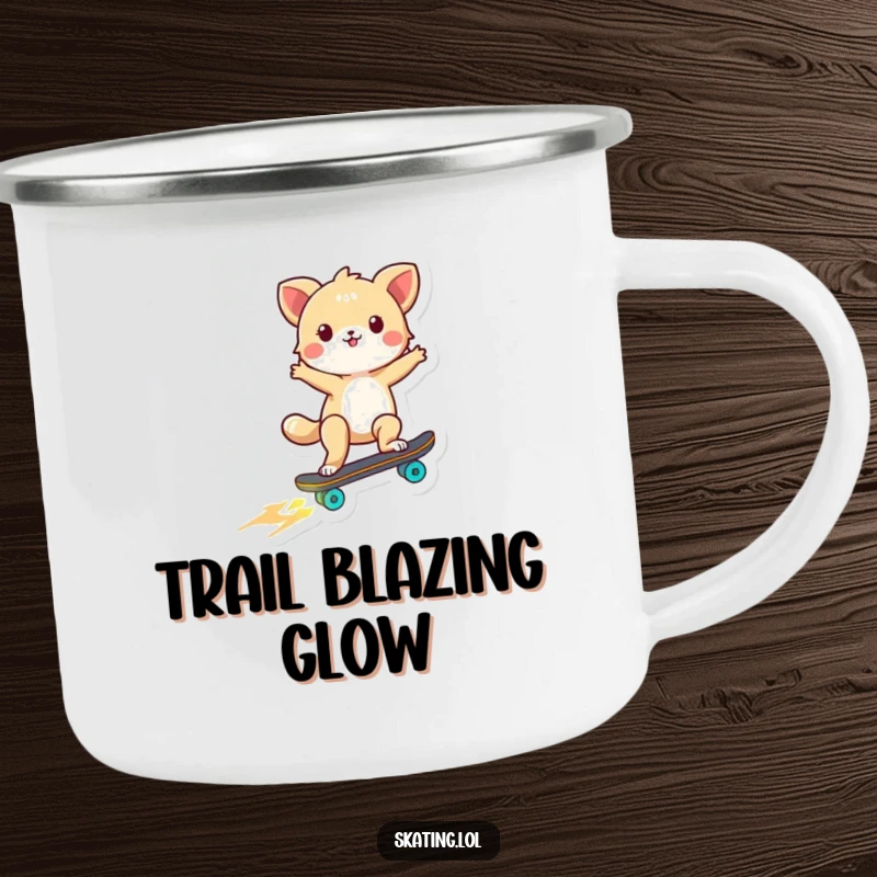 Funny enamel camping mug featuring a tiny animal skateboarding with glowing wheels, ideal for outdoor fun and laughter.