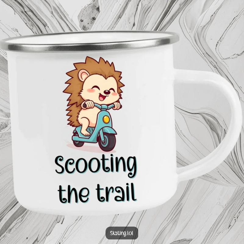 Funny hedgehog camping mug, a small hedgehog character zipping downhill on a scooter with a look of pure delight, for outdoor fun.