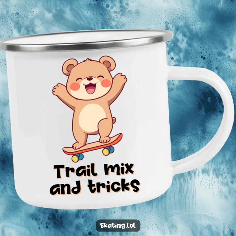 Funny bear on a skateboard, arms flailing, laughing, durable camping mug for a funny gift.