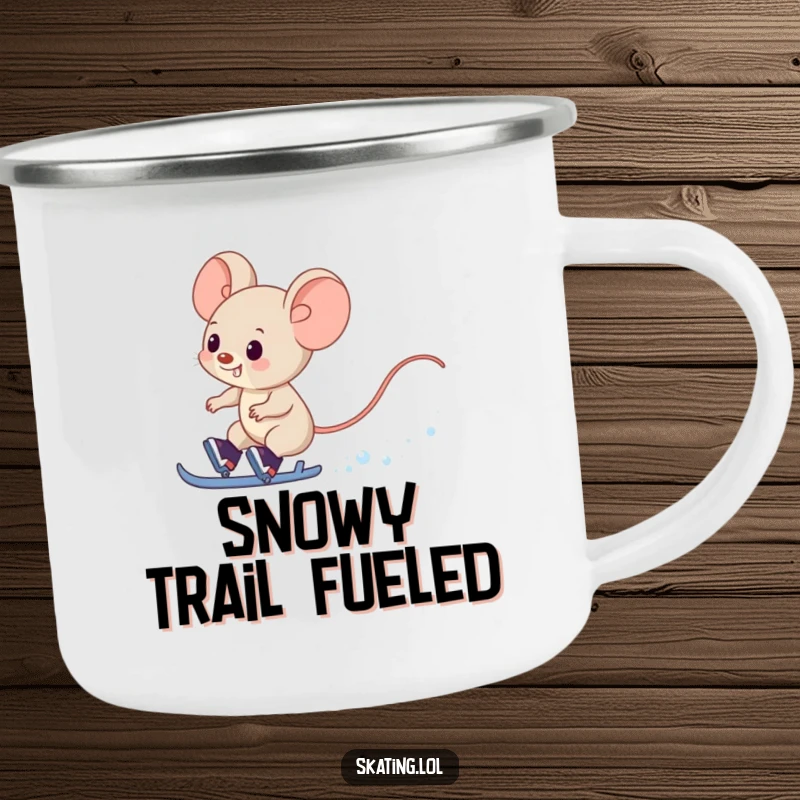 Funny Mouse Camping Mug: A giggling mouse character zips past on skates, leaving a snowy trail outdoors.