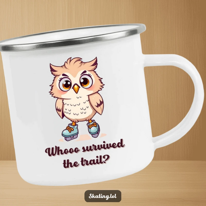 Funny owl character on skates, surprised expression, ruffled feathers, outdoor scene, durable funny gift.