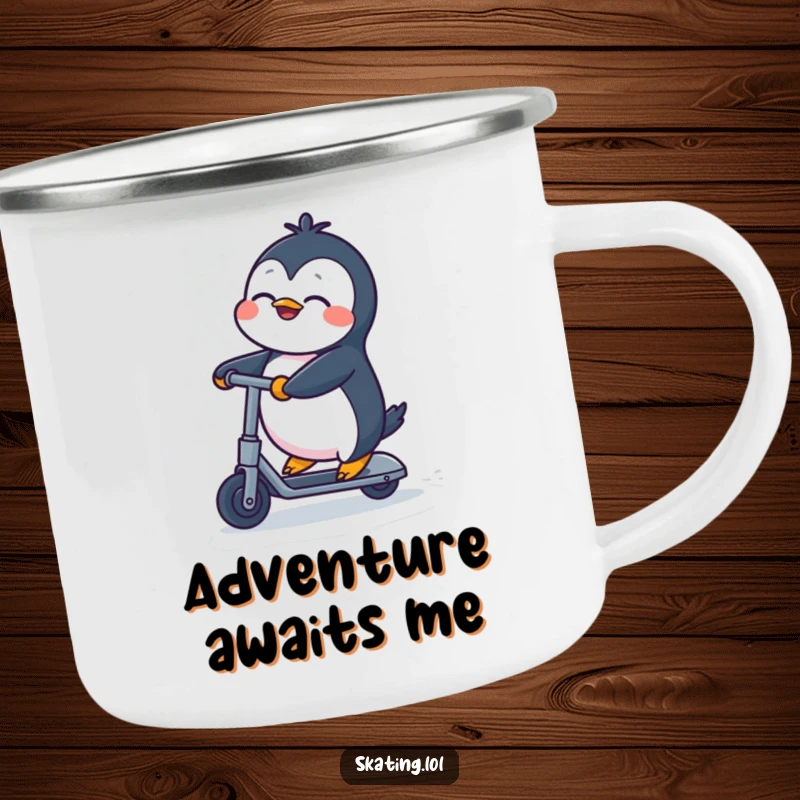 Funny Penguin Camping Mug: A penguin excitedly riding a kick scooter with eyes closed, ideal funny gift for outdoors.