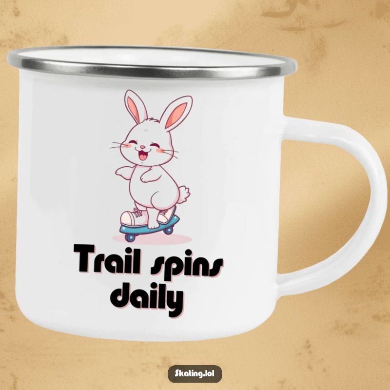 Funny giggling rabbit doing a playful spin on roller skates, camping mug design for outdoor fun.