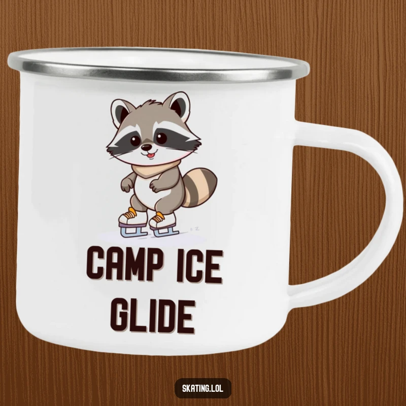 Funny raccoon ice skating camping mug featuring a determinedly grinning kawaii raccoon wobbling on skates; durable humor.