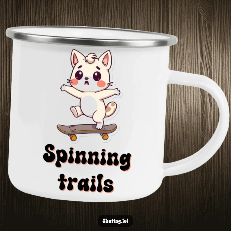 Funny Skateboard Surprise Mug with a cute character doing a surprised spin on a skateboard, perfect for outdoor adventures humorously.