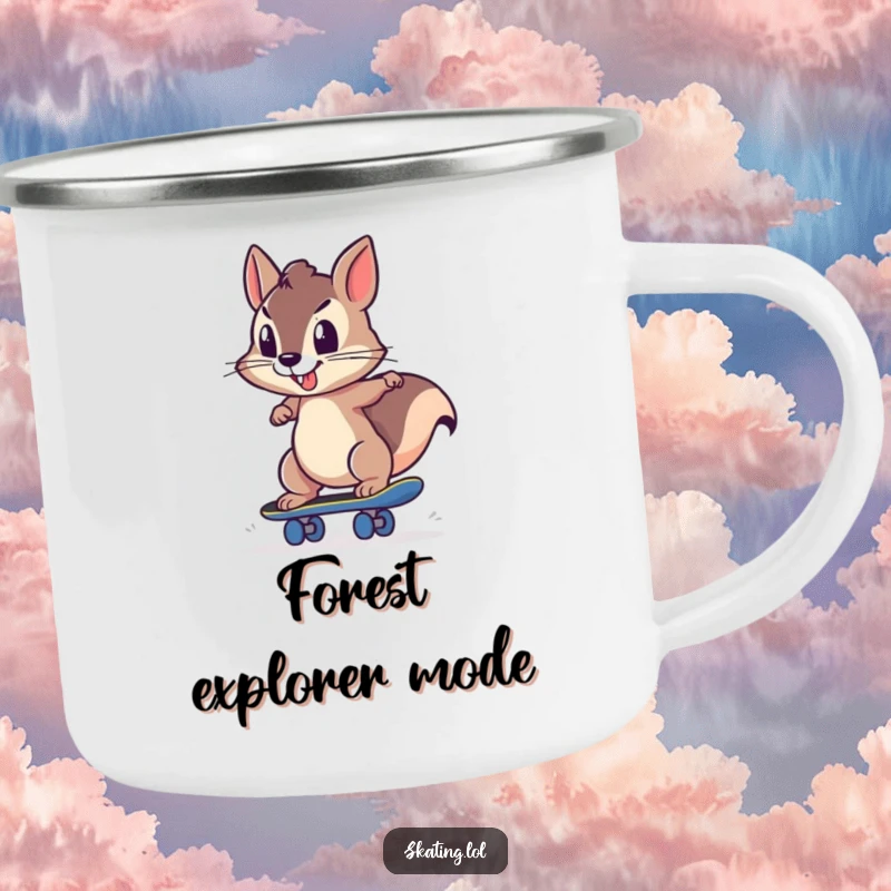 Funny squirrel character determinedly pushing a skateboard on a trail, depicted on a humorous camping mug.