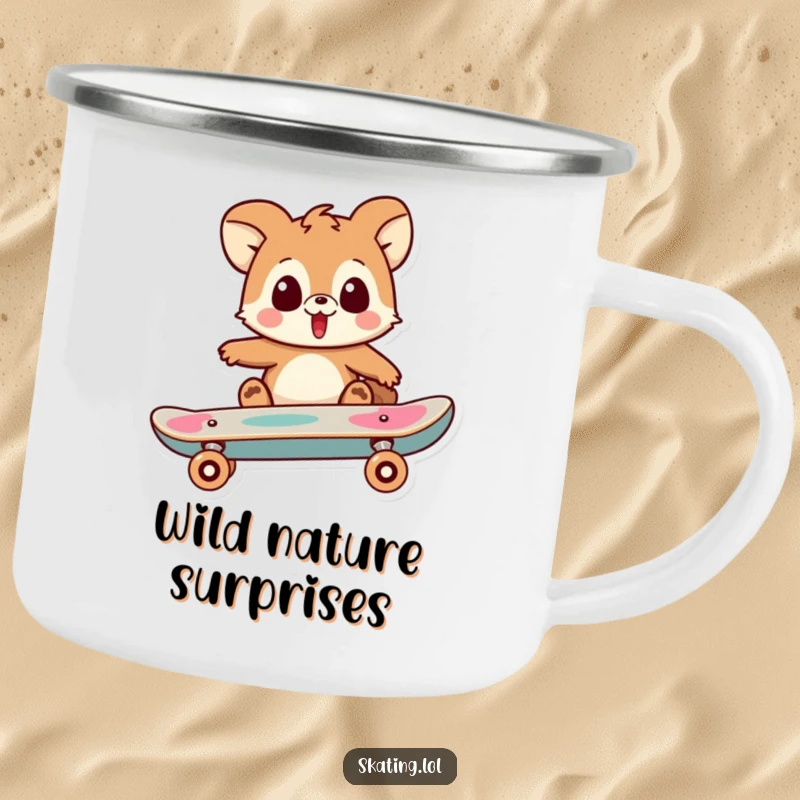 Funny camping mug with a playful animal character looking surprised as their skateboard performs a trick, perfect for outdoor amusement.