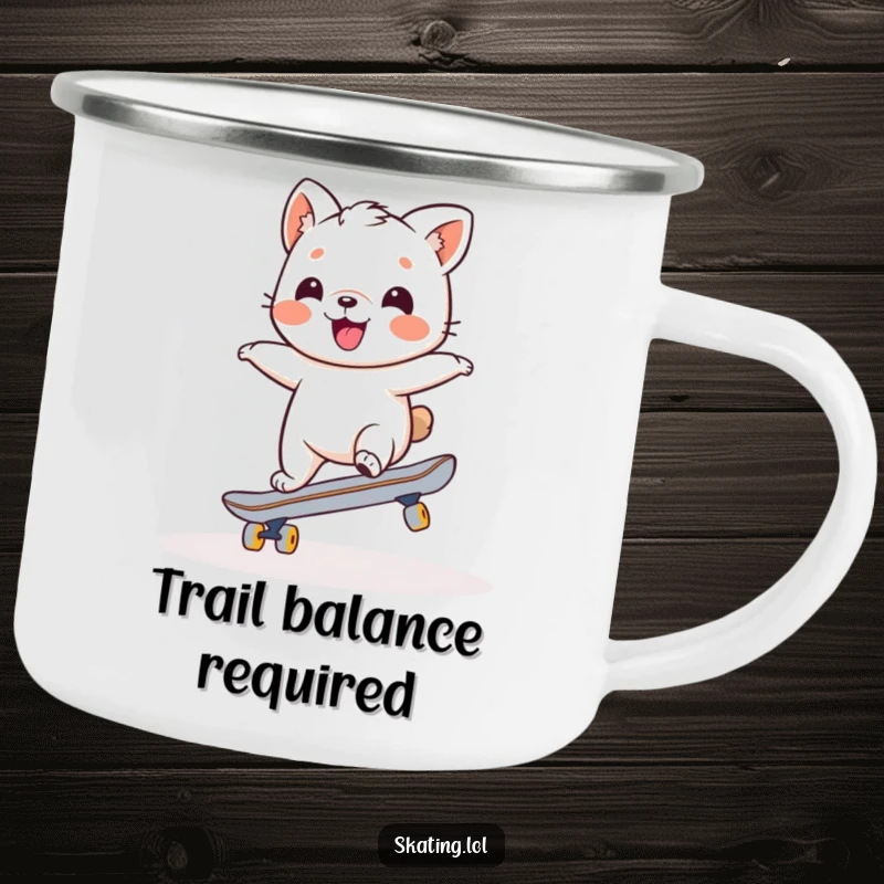 Funny camping mug with a charming animal character attempting a wobbly balance on a skateboard, ready for outdoor humor and drinks.