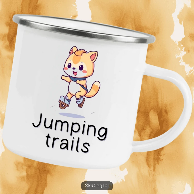 Funny Inline Jump Camping Mug with a happy wheeled character doing a small jump on inline skates, perfect for outdoor adventures humorously.