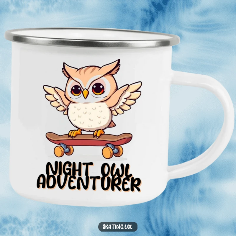 Funny Owl Skateboarder Camping Mug: A curious owl steers a skateboard with its wings, perfect for outdoor brews.