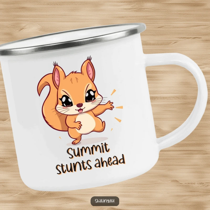 Funny determined squirrel with wide eyes, attempting a flashy trick, camping mug design for outdoor adventurers.