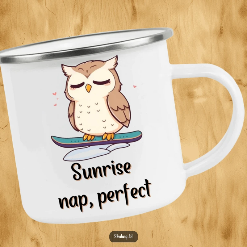 Funny camping mug with a cute, dazed owl resting on a snowboard, for outdoor lovers who enjoy comfort and winter whimsy.