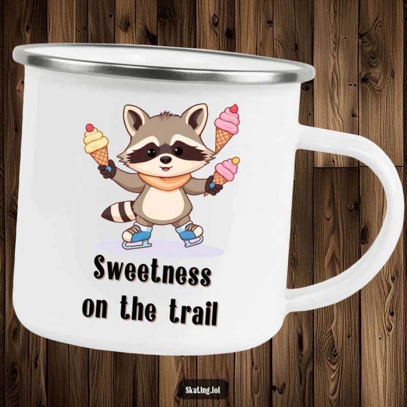 Funny camping mug with a mischievous raccoon juggling ice cream cones on ice skates, for outdoor lovers who enjoy sweet treats and humor.