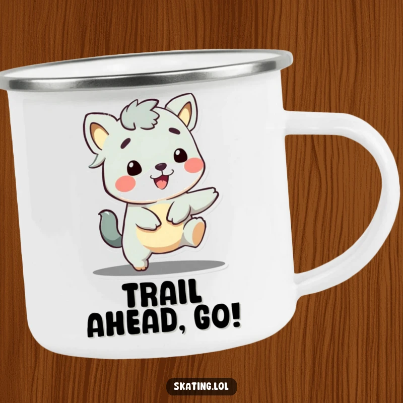 Funny enamel camping mug featuring a cute animal with a huge grin, playfully pushing off, ready for adventure.
