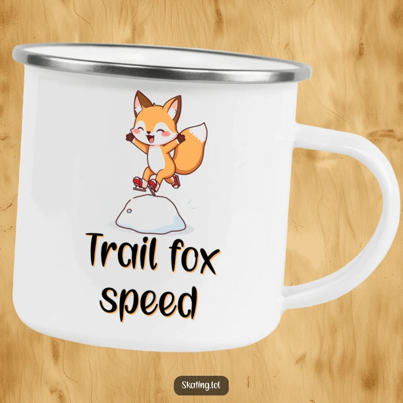 Funny Fox Camping Mug: A cheerful fox character leaps over an ice bump, bringing winter cheer to camping.