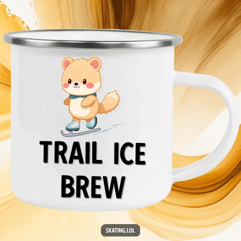 Funny fuzzy animal character ice skating on a durable camping mug, perfect for outdoor adventures and comedic refreshment.