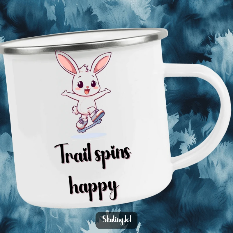 Funny camping mug featuring a delighted bunny character bouncing and attempting a graceful spin on ice skates, ideal for outdoor enthusiasts.