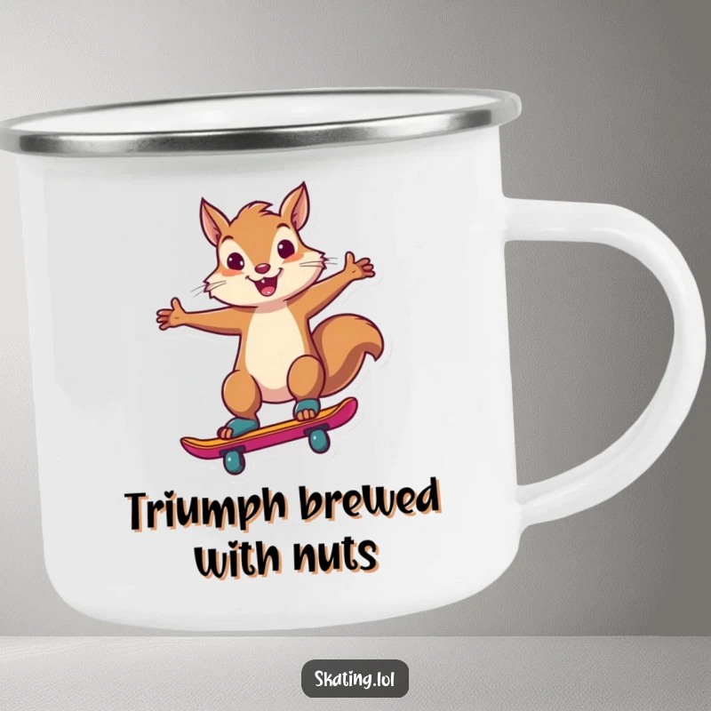 Funny squirrel performing a confident skate trick on a durable enamel camping mug, ready for the outdoors.