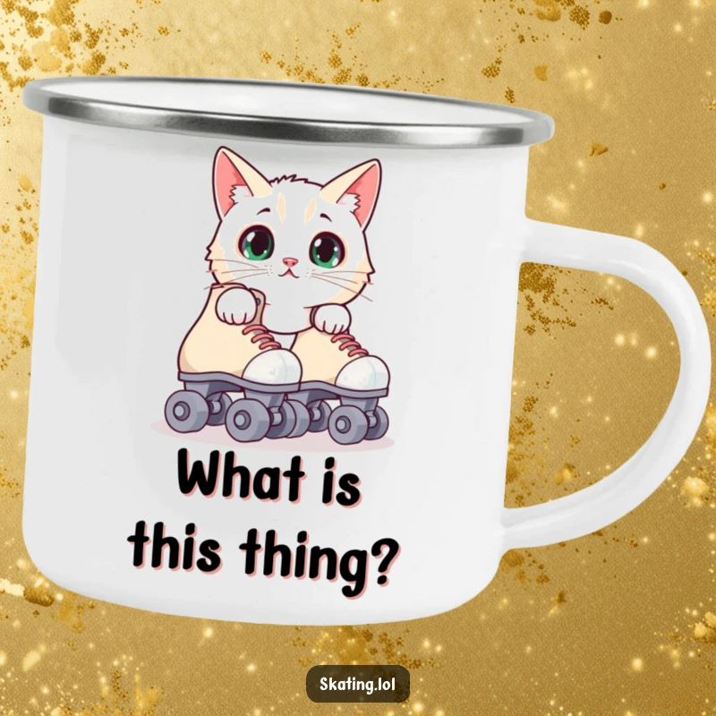 Funny surprised cat camping mug with a feline peeking from behind roller skates, perfect for outdoor enthusiasts who enjoy humor.