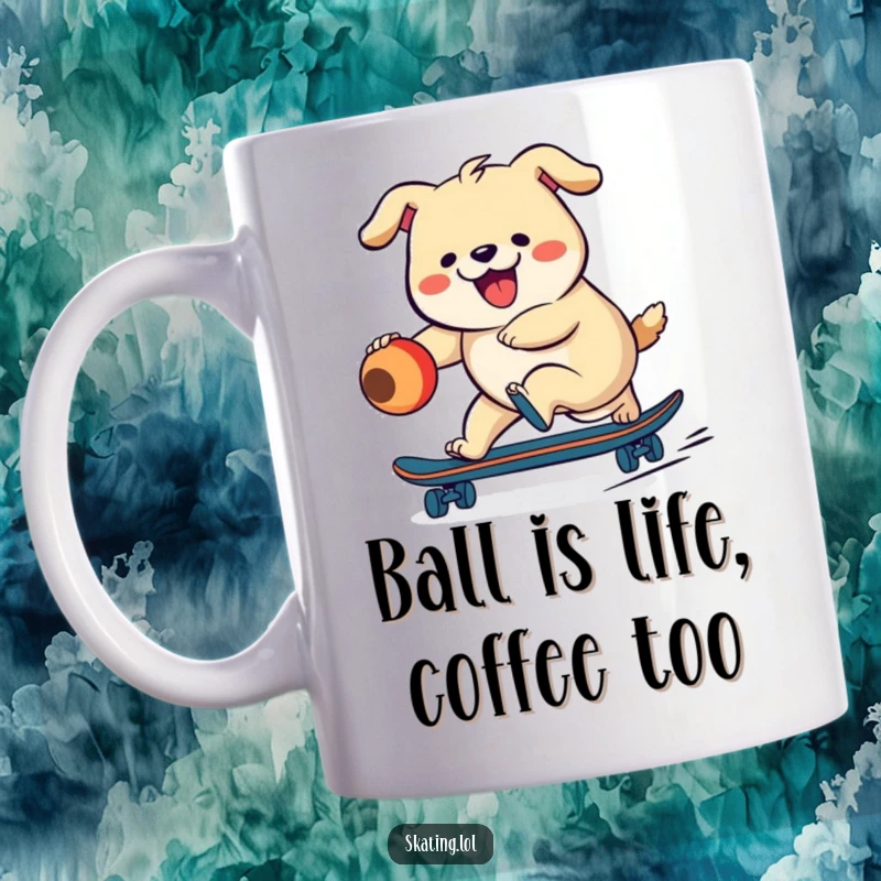 Funny, plump dog character excitedly chasing a ball while balancing on a skateboard, radiating pure joy and energy.