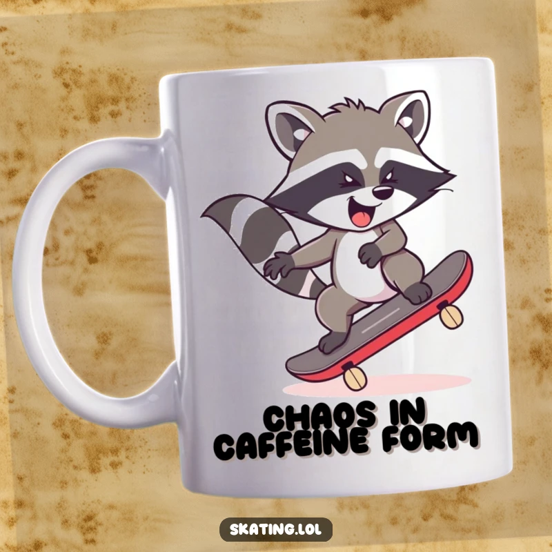 Funny mischievous raccoon character wobbling wildly on a skateboard, about to fall, capturing a moment of hilarious chaos.