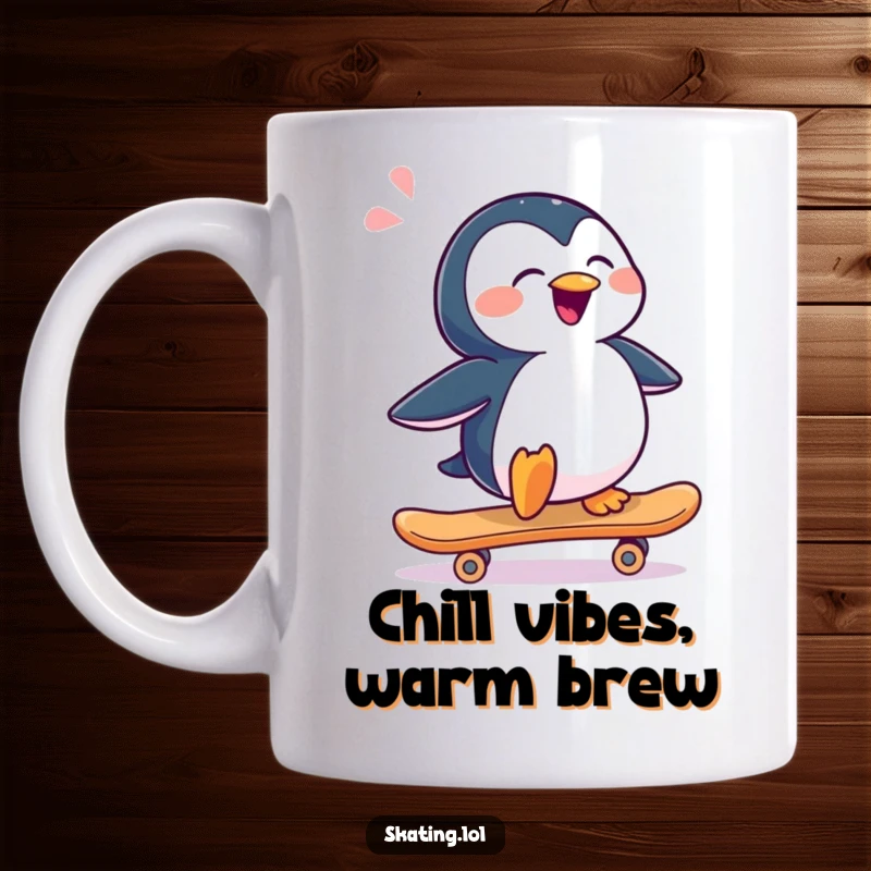 Funny, joyful penguin character sliding sideways on a skateboard with a happy sigh, radiating pure contentment and coolness.