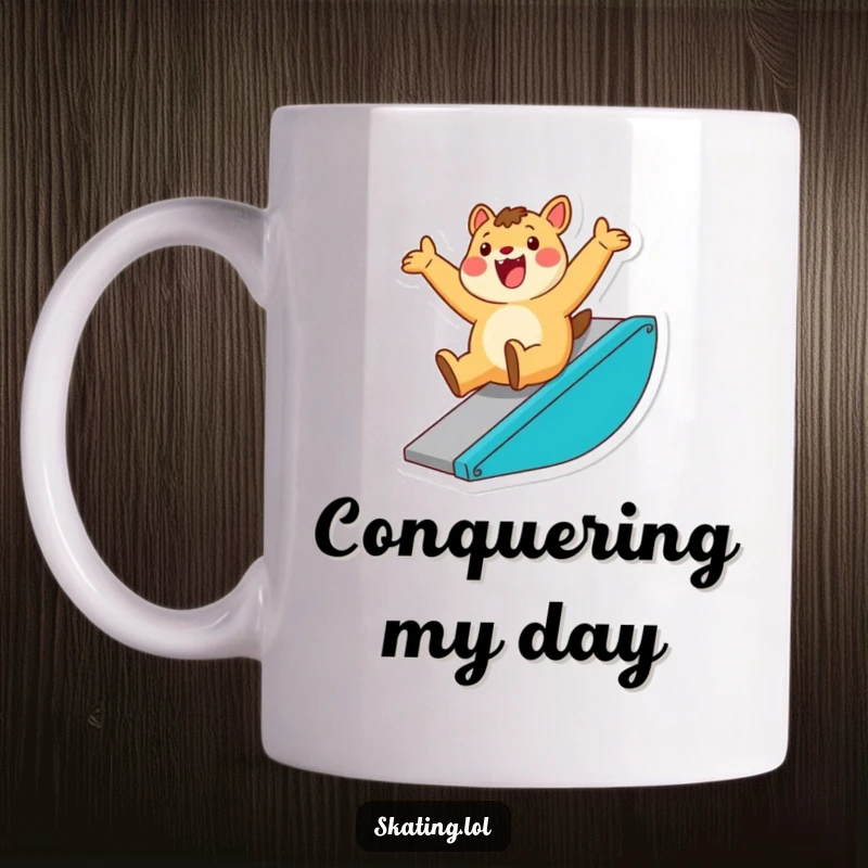 Funny mug featuring an enthusiastic animal character sliding down a ramp with a triumphant flourish, capturing pure unadulterated fun.