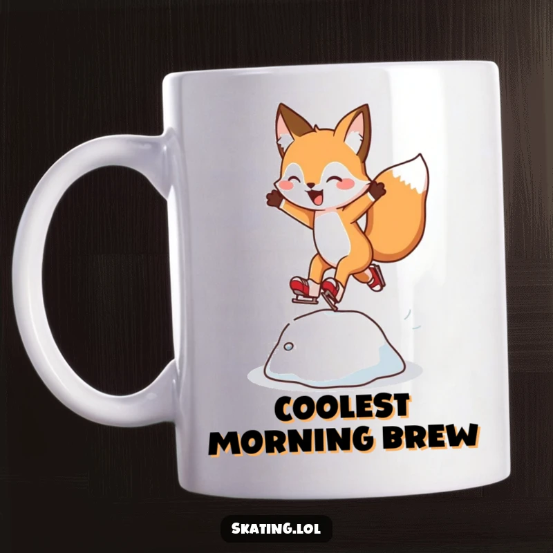 Funny Fox Skating Mug: A cheerful fox character gracefully leaps over a small ice bump while ice skating.