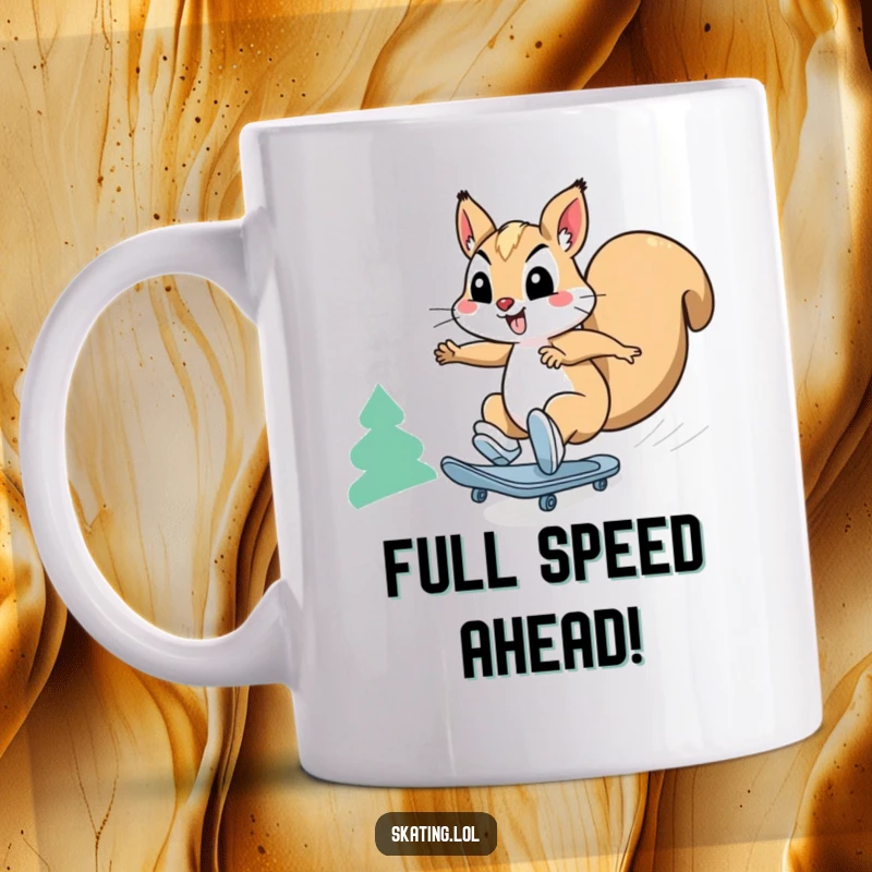 Funny squirrel mug: a happy squirrel character comically skates downhill at breakneck speed, full of wild energy.