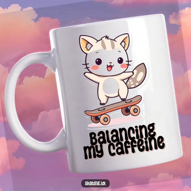 Funny animal character happily balancing on a single skateboard wheel, captured on a mug for humorous morning enjoyment.