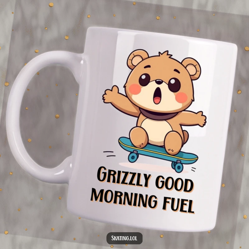 Funny Bear Skateboarder Mug: A delighted bear with wide eyes joyfully rides a skateboard, ready for action.