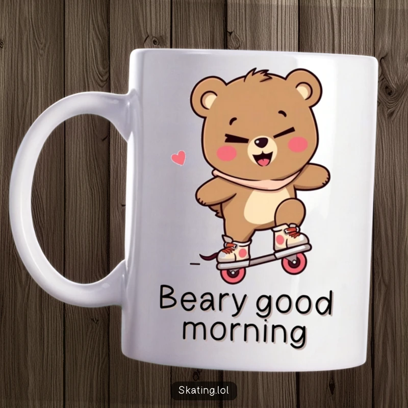 Funny bear mug, a cool character winking and performing a trick on inline skates with a mischievous, confident smile.