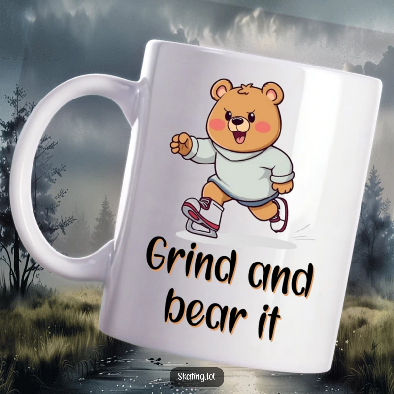 Funny determined bear character pushing off on skates with energetic strides, strong and focused, perfect funny gift.