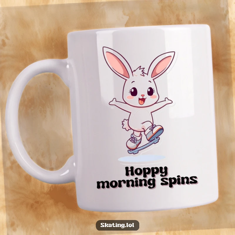 Funny bunny mug featuring a delightful bunny character bouncing and attempting a graceful spin on ice skates, radiating pure joy.