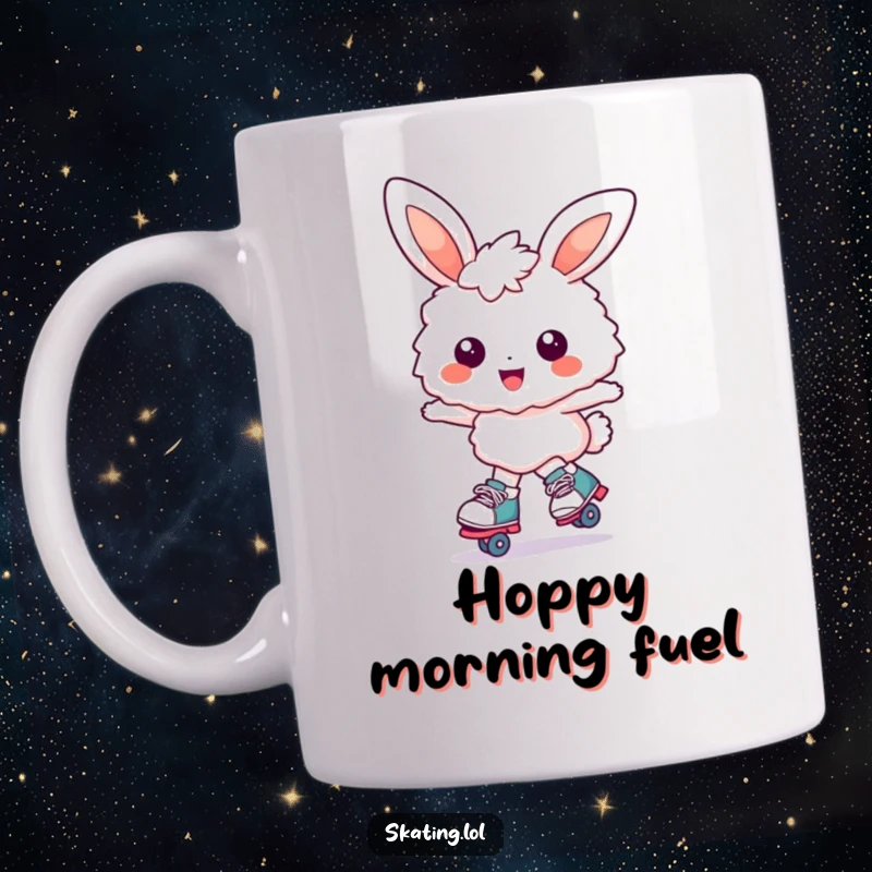 Funny bunny mug: a fluffy bunny character joyfully glides on roller skates with a huge, beaming smile, radiating happiness.