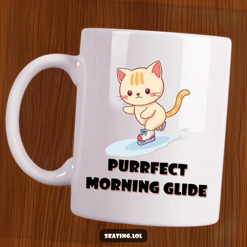 Funny cat mug featuring a cute cat character gracefully gliding across ice on tiny skates in a happy swirl, embodying playful elegance.
