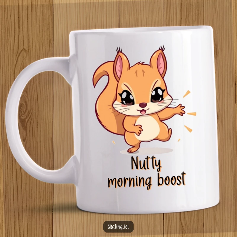 Funny determined squirrel with wide eyes, attempting a flashy trick, mug design for adventurers and nature lovers.