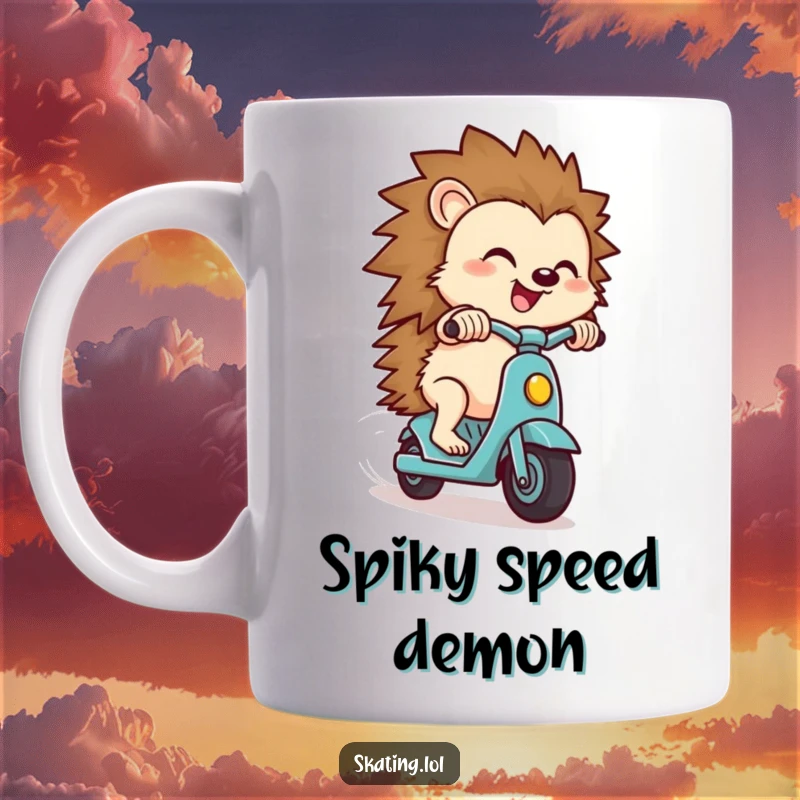 Funny hedgehog mug, a small character zipping downhill on a scooter with an expression of pure, unadulterated delight.