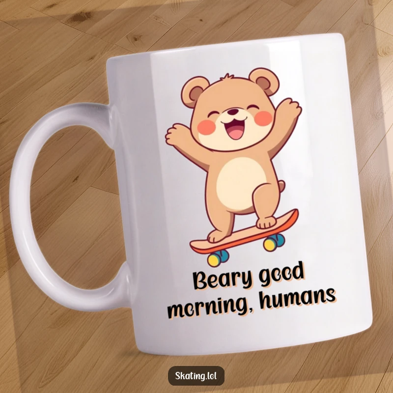 Funny bear on a skateboard, arms flailing, laughing joyfully, perfect for a hilarious gift mug.