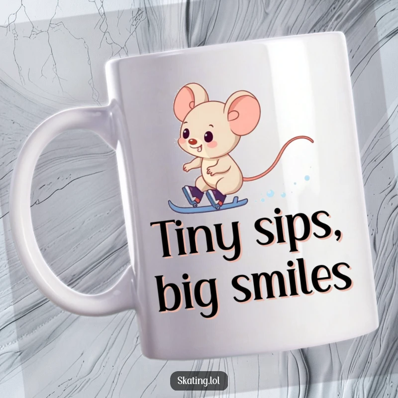 Funny Mouse Skating Mug: A giggling mouse character zips past on skates, leaving a trail of snow.