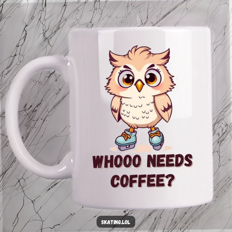 Funny surprised owl character wobbling on skates, feathers ruffled, wide eyes, perfect funny gift for skaters.